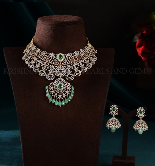 Emerald Elegance Diamond Choker and Earrings Set