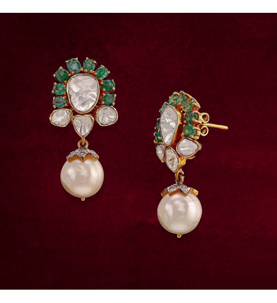 uncut diamonds emerald gold earrings