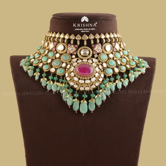Regal Polki and Emerald Choker Necklace