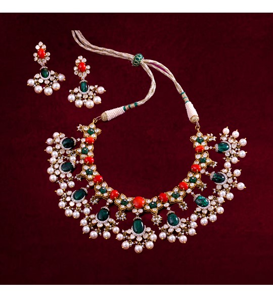 Corals Emeralds and Pearls Gold Necklace