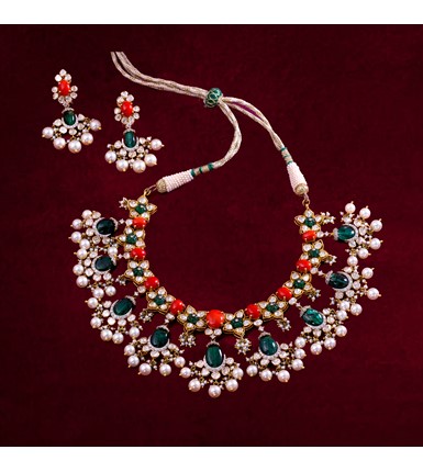 Corals Emeralds Uncut Pearls Gold Necklace