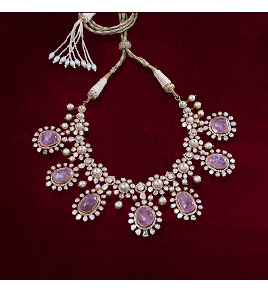Uncut Diamonds Pink Tourmaline Gold Necklace