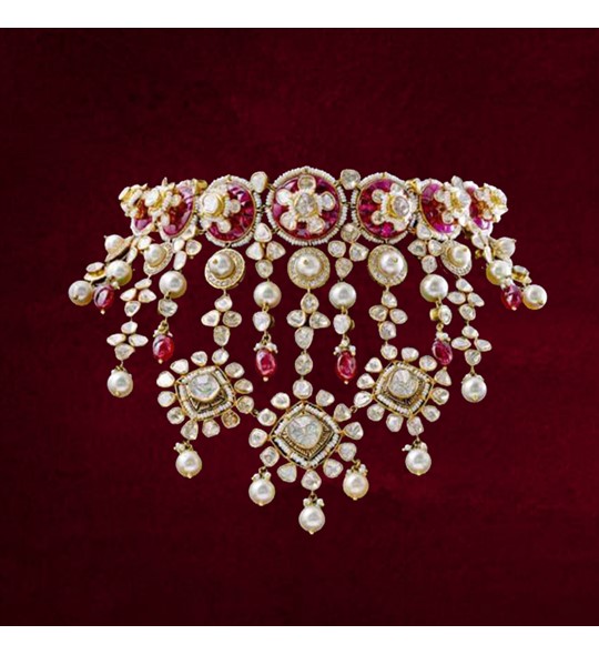 Rose Cut Flat Diamonds Rubies pearls Gold Choker Necklace