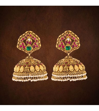 Yellow Gold Ruby Kundan Jhumka Earrings