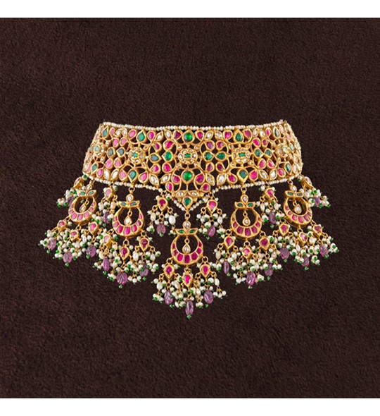 Ruby Emerald Uncut Pearls Chandbali Choker Necklace