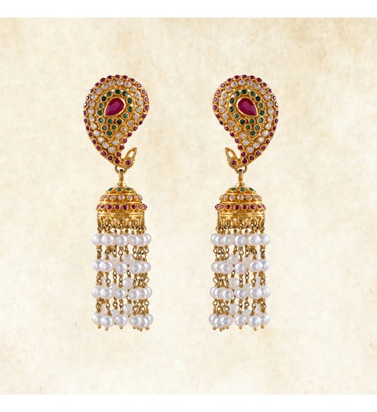 Mango Motif Gold Pearls Jhumka Earrings