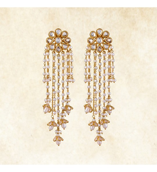 Floral Polki & Pearls Gold Earrings