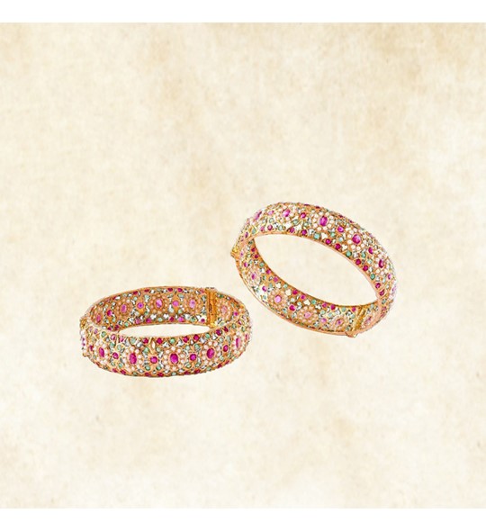 Ruby Emberlads Pearls Gold Bangles