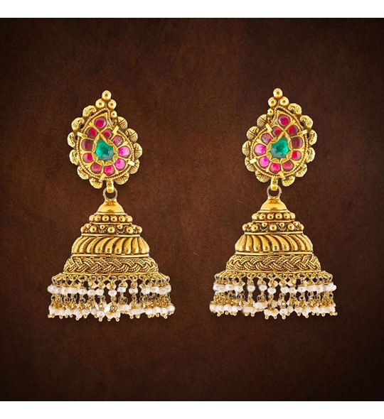 Gold Jhumka Earrings In Mango Motif
