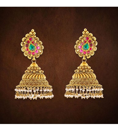 Gold Jhumka Earrings In Mango Motif