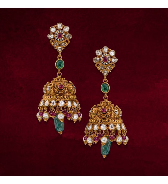 Gold Jhumka Polki diamond with Multi-Stone