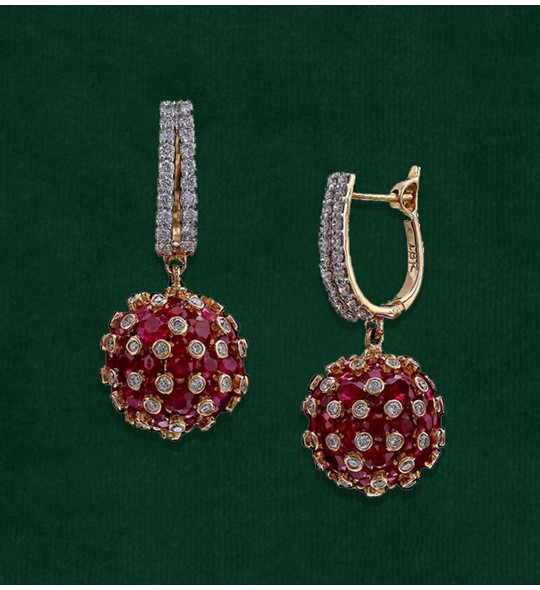 Gold with diamond ruby ball earrings