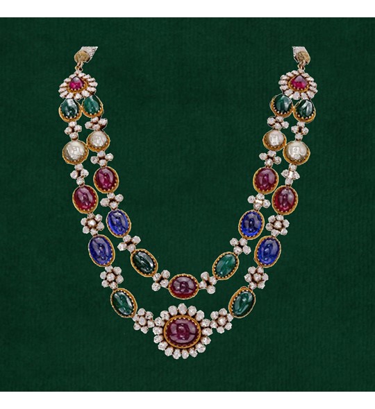 Double Line Navaratan Gold with Diamond Necklace