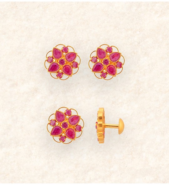 Gold Earrings studded with Ruby flowers