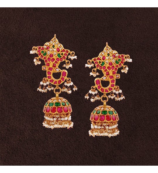 Ganesh Inspired Jhumka Gold Earrings - Krishna Jewellers Pearls and Gems