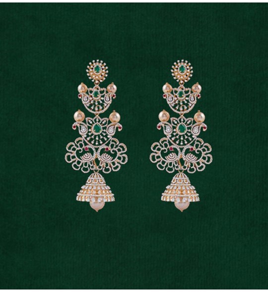 Diamond Jhumkas with peacock themed combination of mango design