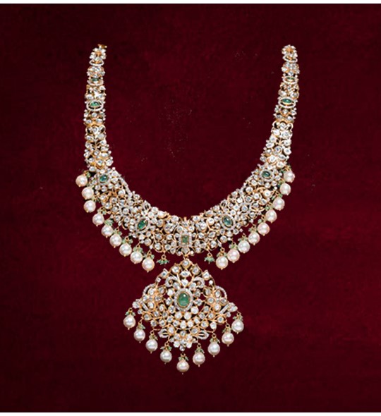 Polki Diamond Necklace Haaram with Pearls Drops - Krishna Jewellers ...