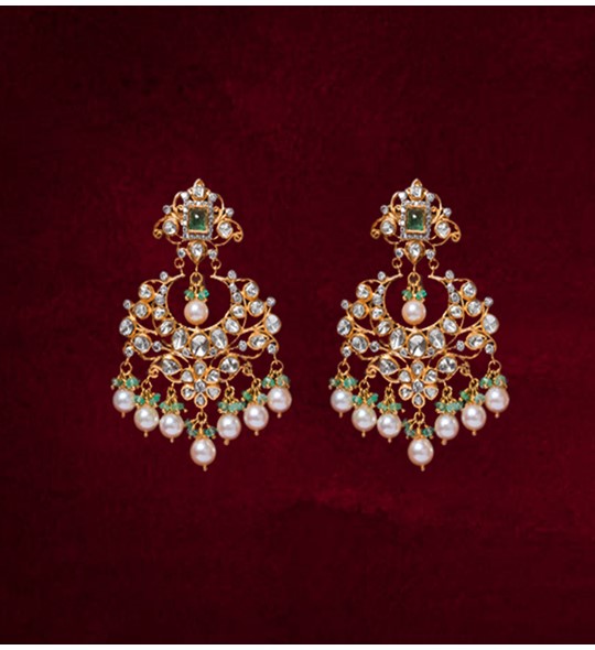 Temple Jewellery - 22K Gold Drop Earrings (Chand Bali) with Beads , Onyx  Stones & Pearls - 235-GER16185 in 13.050 Grams