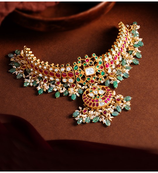 kundan Choker necklace in yellow gold - Krishna Jewellers Pearls and Gems