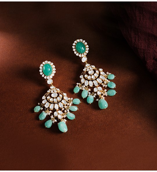 Polkis Emeralds Chandbali Earrings in yellow gold