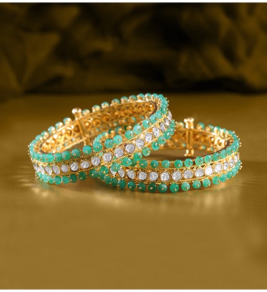 Polkis Emeralds bangles kada in yellow gold