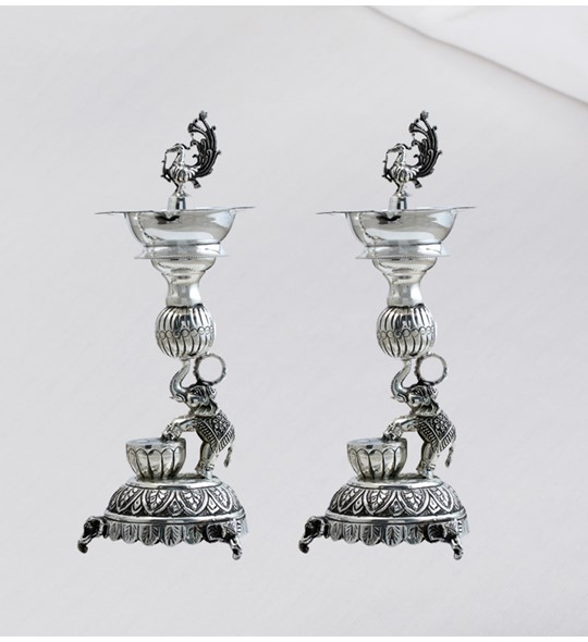 Silver Elephant & Peacock Deepam Stand