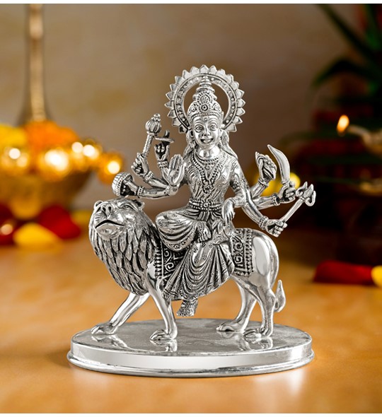 Silver Goddess Durga Idol in Antique Finish