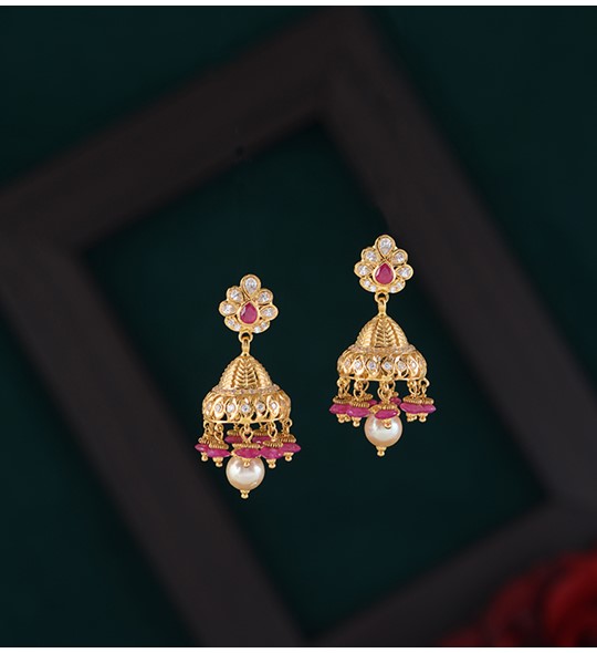 Ruby & Pearls Gold Jhumka Earrings