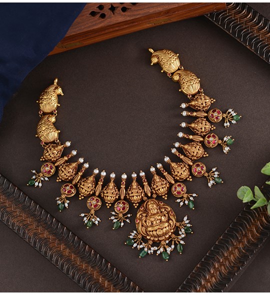 Gold Lakshmi Emerald Pearl Necklace