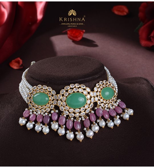 Gold Emerald Pearl Choker