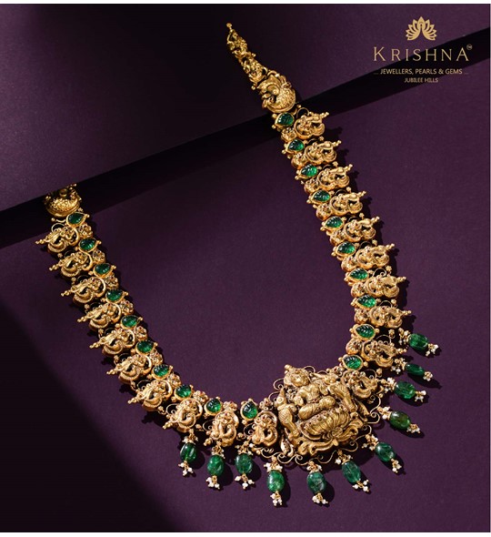 Engraved Laxmi Gold Haram with Greenstone