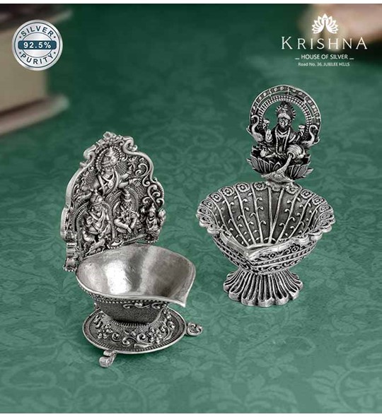 Antique Silver Diya In Laxmi Motif