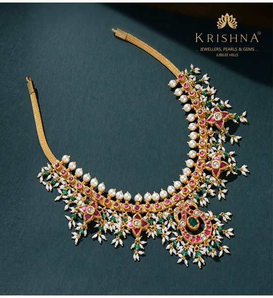 Peacock Gold Kundan Necklace With Guttapusalu