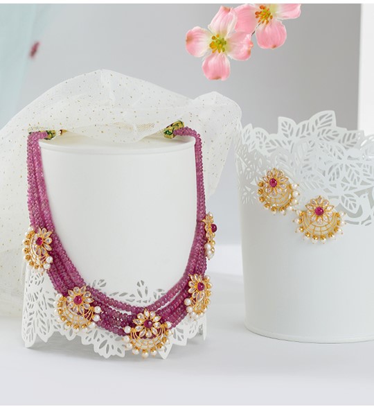 Gold Pearl Necklace Sets With Pink Beads