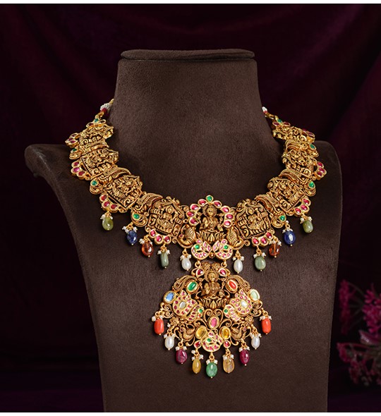 Navaratana Gold Laxmi Necklace - Krishna Jewellers