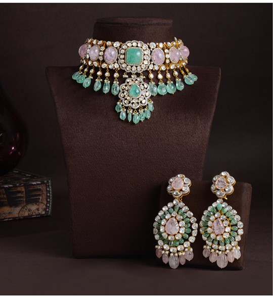 Polki Choker Set with Emerald and Morganites