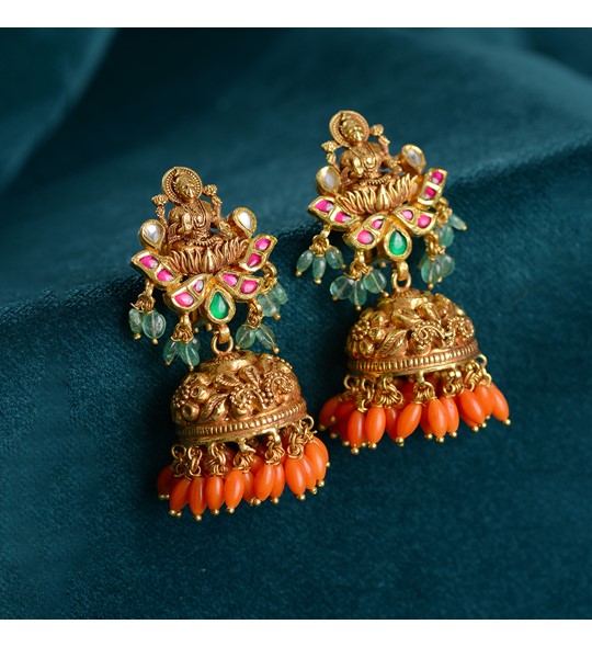 Matte Finish Jhumkas -Classy Temple Jewelry Lakshmi design Earrings – Zuccii