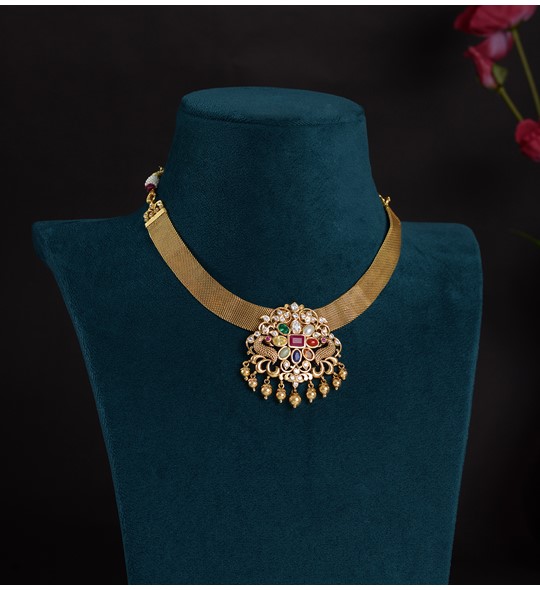 Classic Navaratna Pendant Gold Necklace