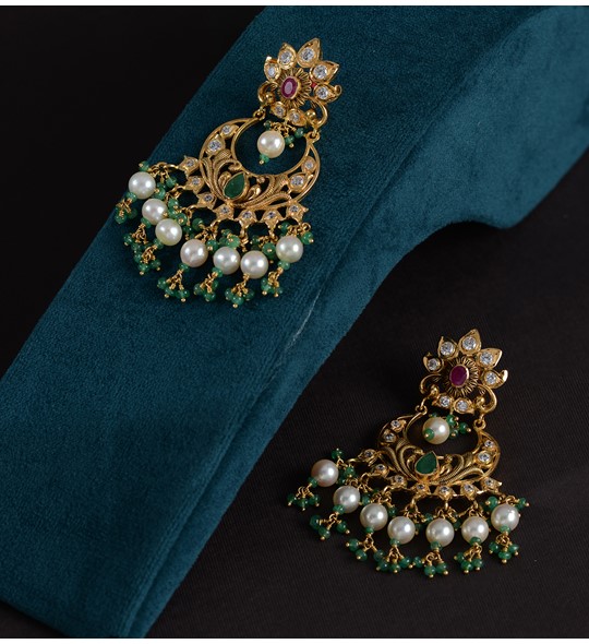 Royal Gold Chandbali With Pearl Drops
