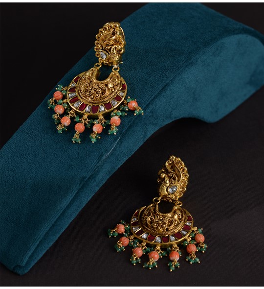 Gold Chandbali Earrings with Coral and Emeralds Drops