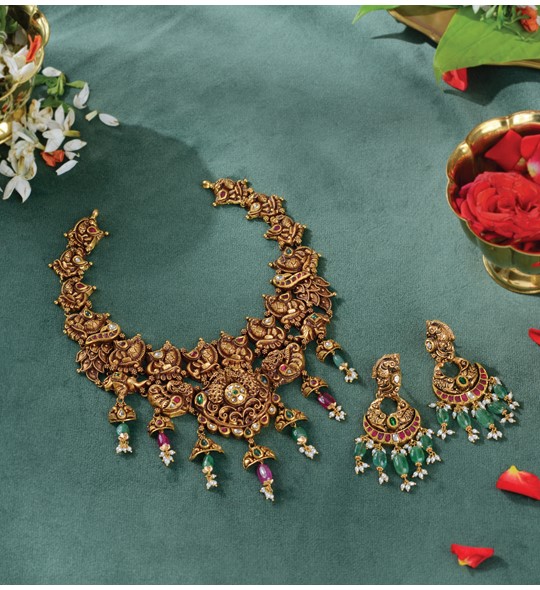 Shop Antique Gold Bridal Necklace And Earrings Sets-krishnajewellers.com