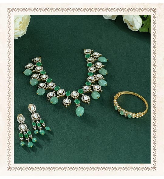 Polki Necklace Set  in Russian Emerald Beads
