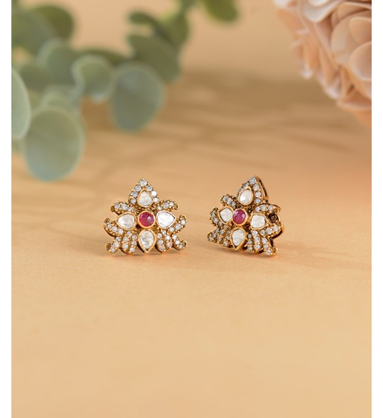 Real Diamond Polki Studs in Floral Motif