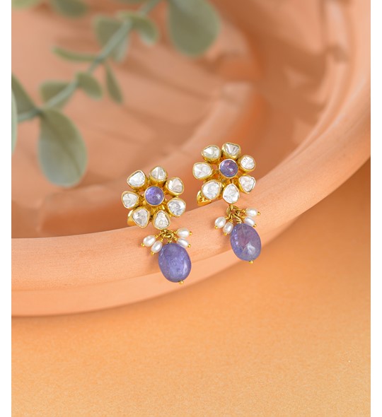 Floral Polki Diamond Studs With Tanzanite