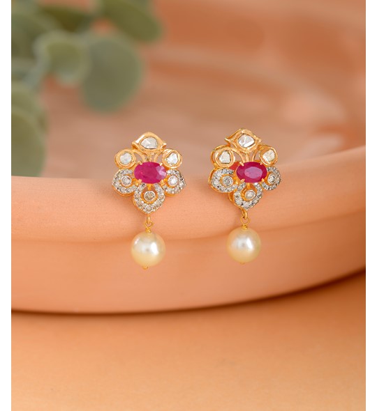22K Gold Drop Earrings with Navrathan Stones , Cz , Pearls & Beads (Temple  Jewellery) - 235-GER13755 in 18.900 Grams