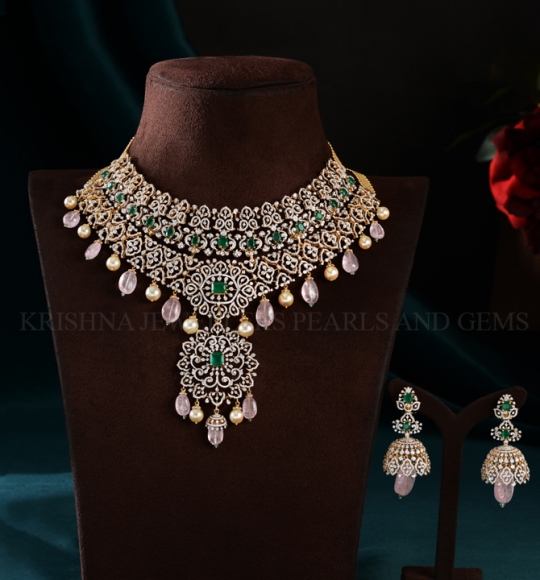 Regal Charm Diamond Emerald and Pearl Choker