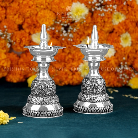 Antique Silver Long Deepam - Pair