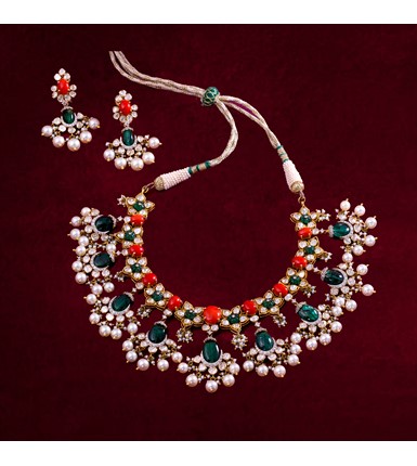 Corals Emeralds and Pearls Gold Necklace