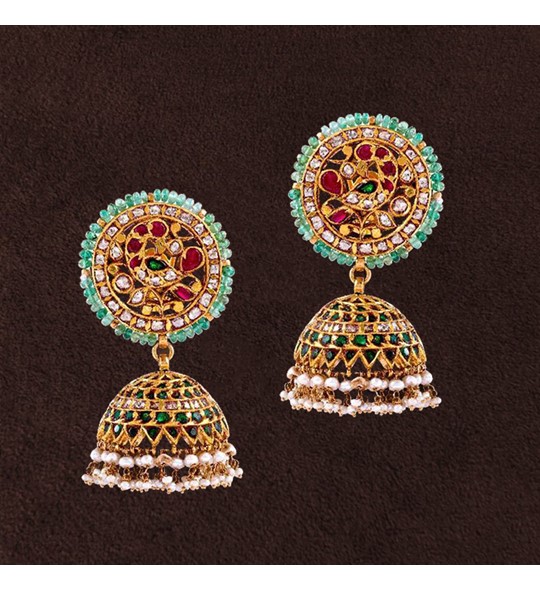 Gold Plated Traditional Blue Meenakari Kundan  Pearls Jhumka Earrings   Celebravo