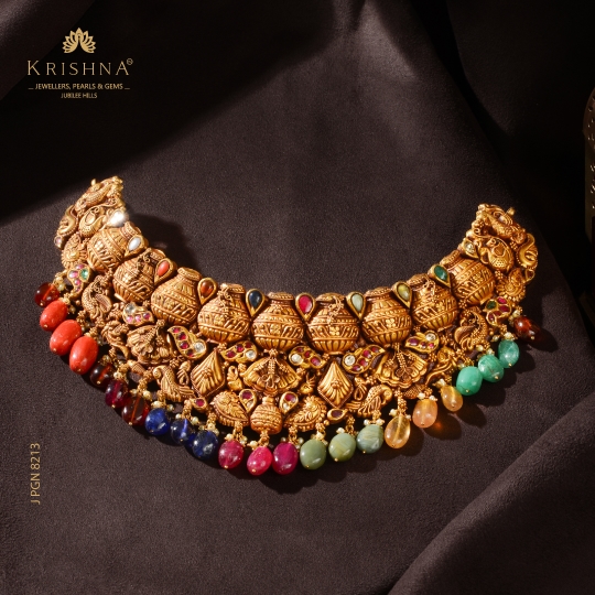 Navaratna Gold Necklace Peacock & Nakshi Work